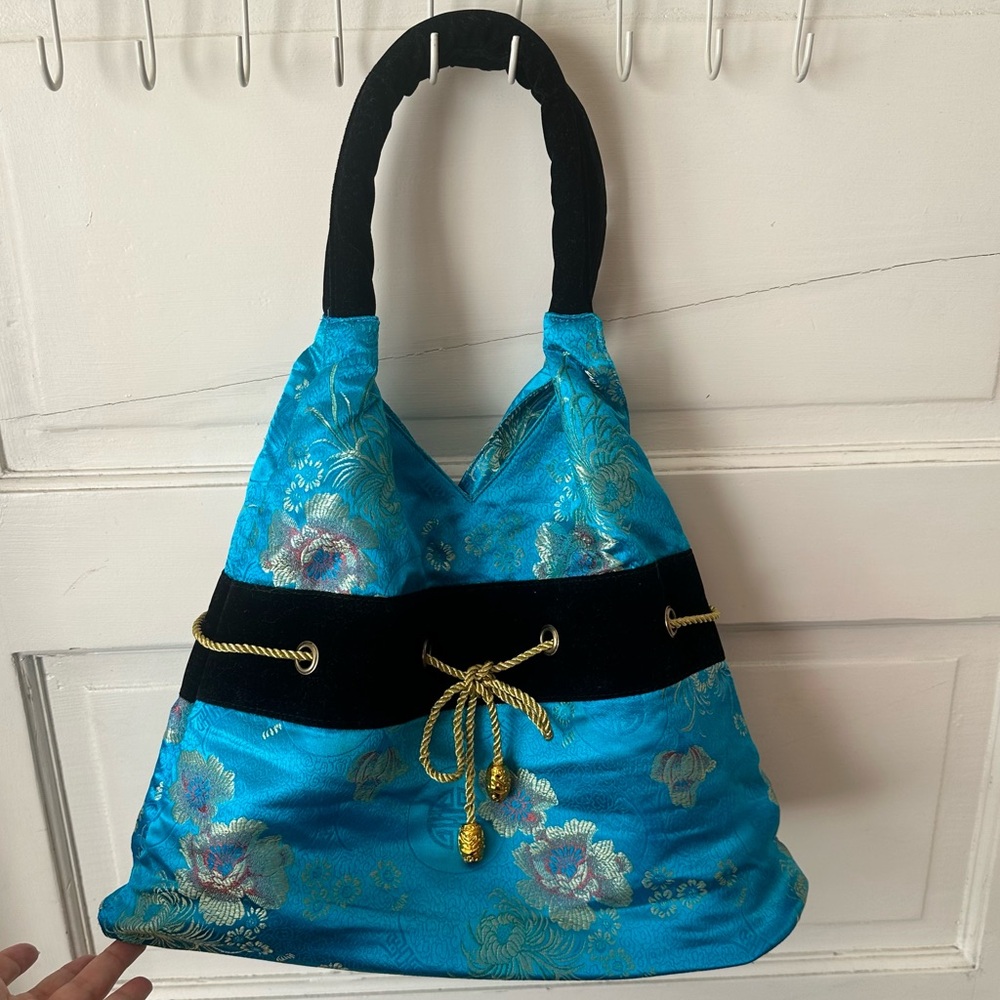 Asian Blue Gold Floral Brocade Tote Bag Black Velvet Handle Gold Draw String
